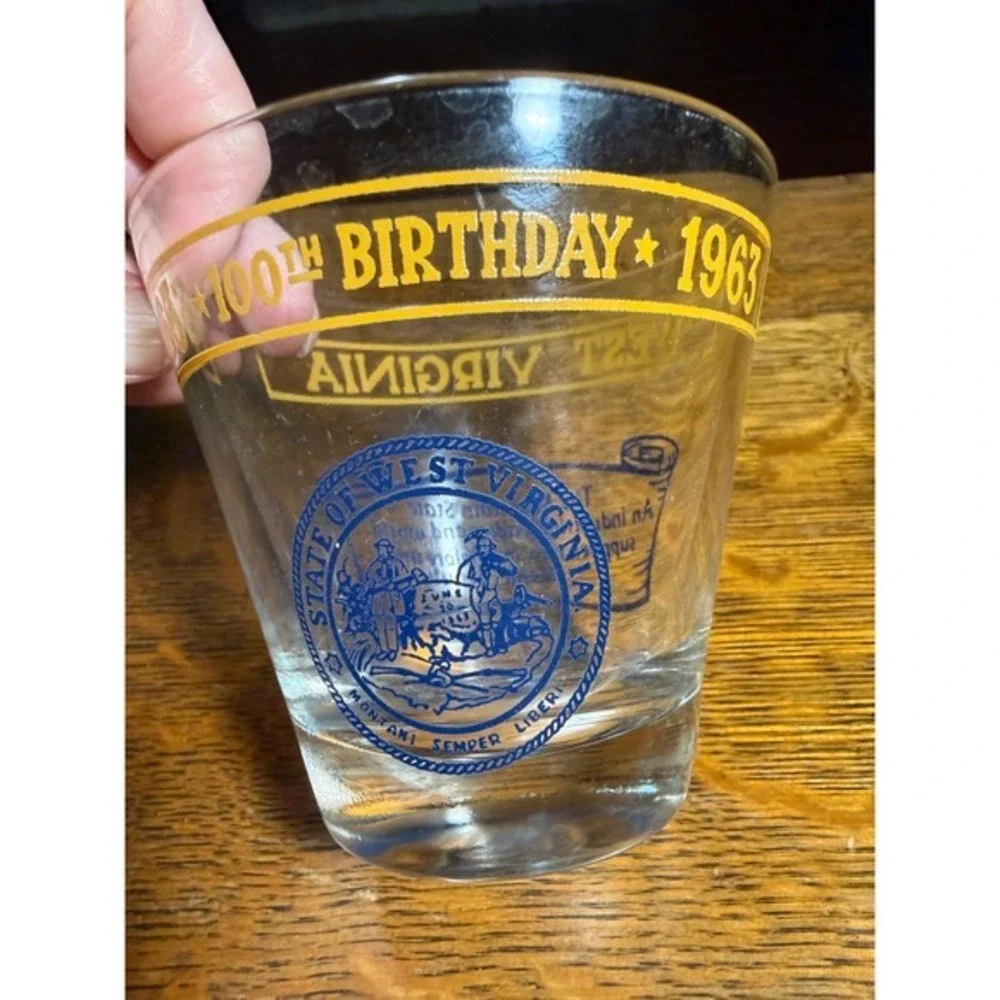 Vintage West‎ Virginia 100th Birthday Centennial Rocks Glass 1863-1963 Blue Gold